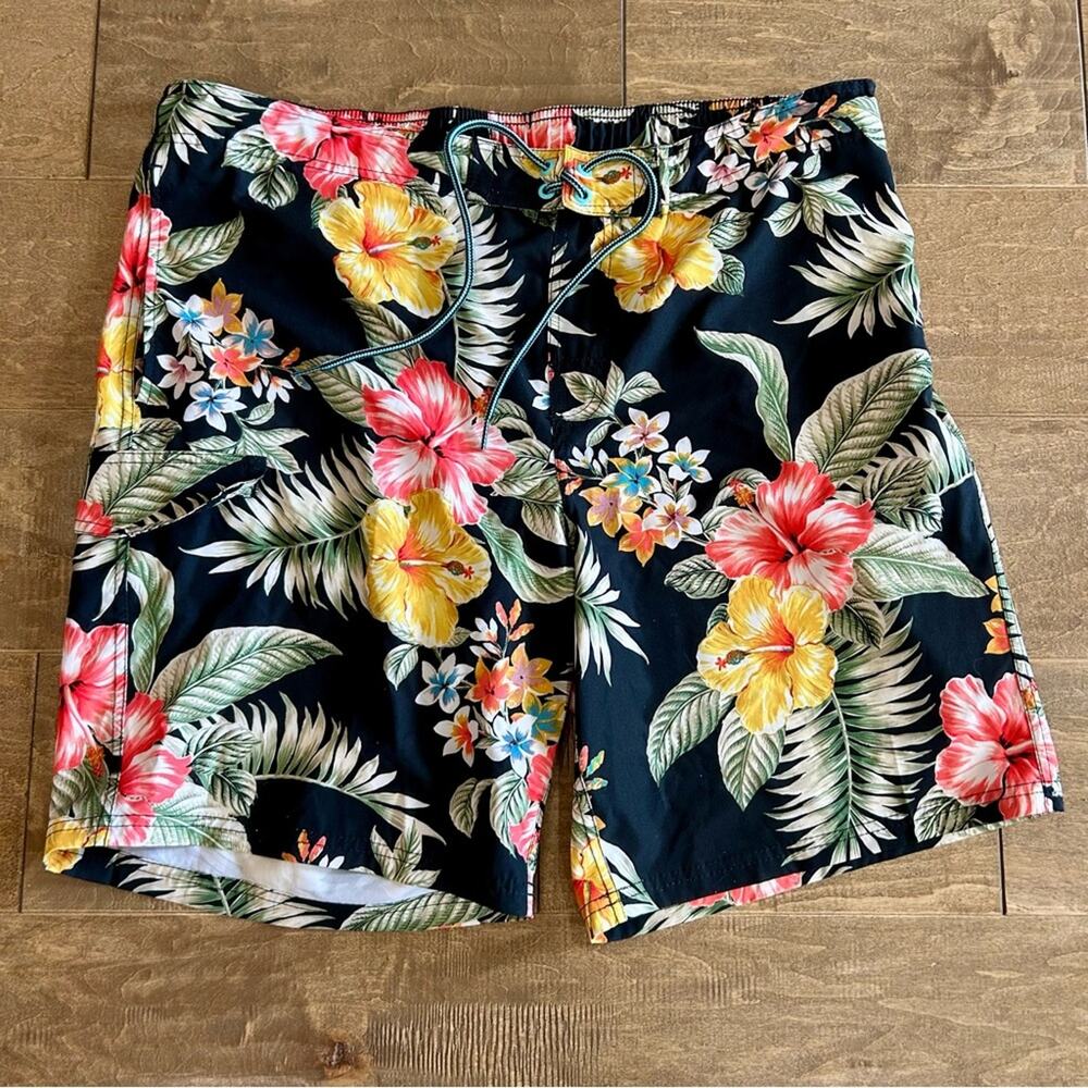 Men’s Tropical Floral Swim Shorts Black Floral Print Size 36 EUC